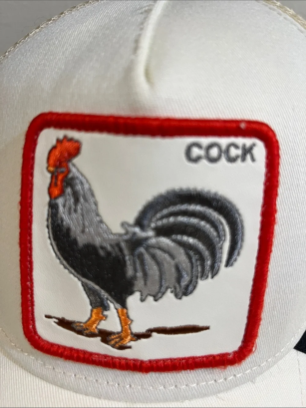 White Trucker Hat with Rooster Patch - Unbranded